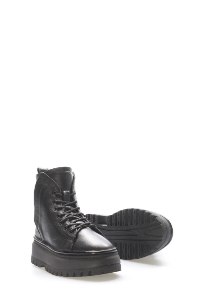 MirgeShoes Siyah Bağcıklı Kadın Bot İçi Kürklü Dışı Hakiki Deri MRG01539112613338