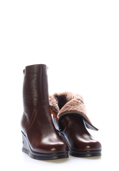 MirgeShoes Kahve Fermuarlı Kadın Dolgu Topuk Bot İçi Kürklü Dışı Hakiki Floter Deri MRG01194112611256