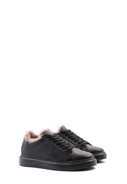 MirgeShoes Siyah Bağcıklı Kadın Casual Ayakkabı İçi Kürklü Dışı Hakiki Floter Deri MRG01290112611167