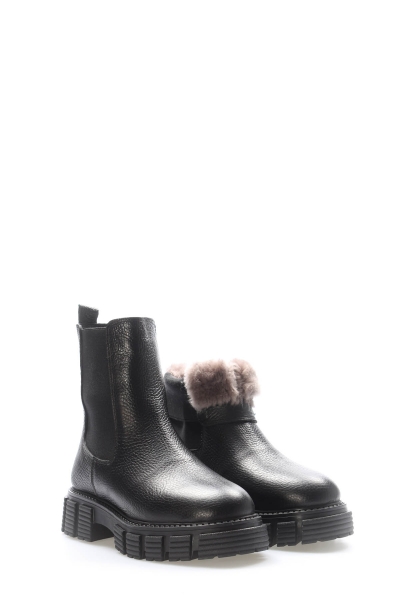 MirgeShoes Siyah Lastikli Kadın Chelsea Bot İçi Kürklü Dışı Hakiki Floter Deri MRG01840112616224