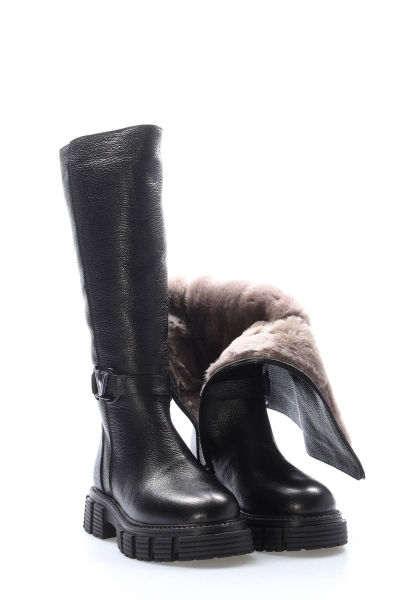 MirgeShoes Siyah Kadın Çizme İçi Kürklü Dışı Hakiki Floter Deri MRG01840112616225