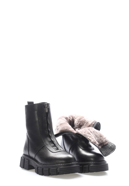 MirgeShoes Siyah Fermuarlı Kadın Klasik Bot İçi Kürklü Dışı Hakiki Floter Deri MRG01840112616223