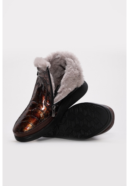 MirgeShoes Kahve Fermuarlı Kadın Klasik Bot İçi Kürklü Dışı Hakiki Kroko Deri MRG01541112611212