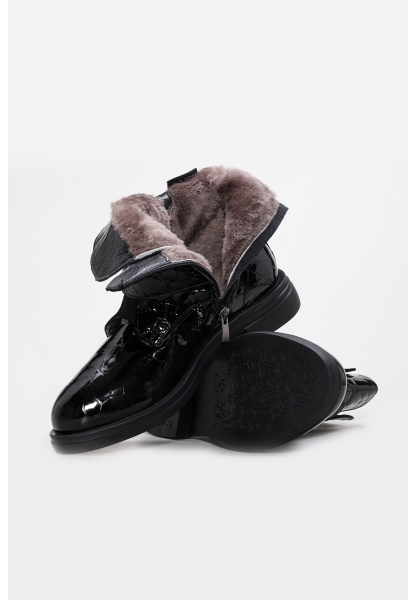 MirgeShoes Siyah Fermuarlı Kadın Klasik Bot İçi Kürklü Dışı Hakiki Kroko Deri MRG0136811261343