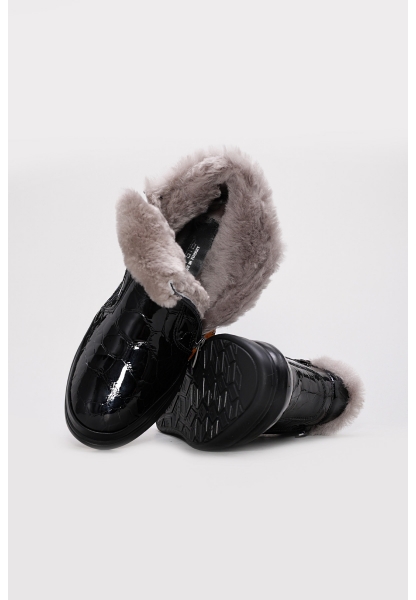 MirgeShoes Siyah Fermuarlı Kadın Klasik Bot İçi Kürklü Dışı Hakiki Kroko Deri MRG01541112611212