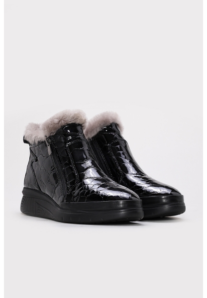 MirgeShoes Siyah Fermuarlı Kadın Klasik Bot İçi Kürklü Dışı Hakiki Kroko Deri MRG01541112611212