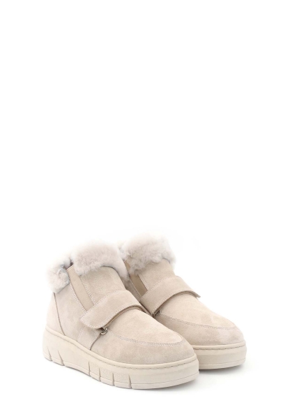 MirgeShoes Bej Bantlı Kadın Bot İçi Kürklü Dışı Hakiki Süet Deri MRG011046112613917