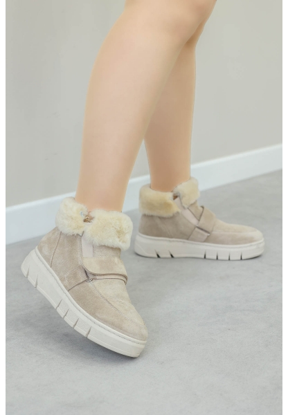 MirgeShoes Bej Bantlı Kadın Bot İçi Kürklü Dışı Hakiki Süet Deri MRG011046112613917