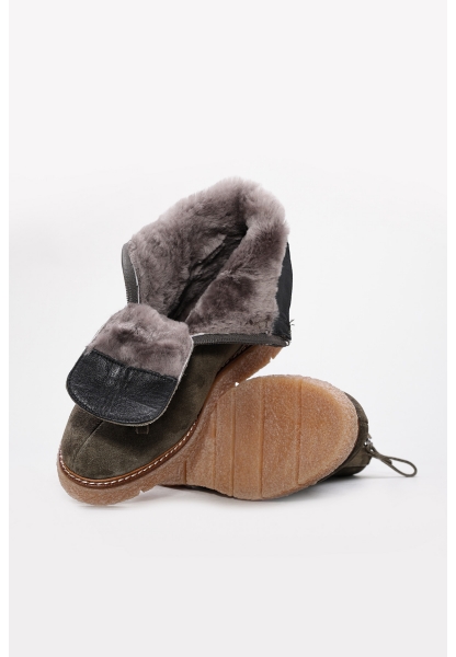 MirgeShoes İçi Kürklü Dışı Hakiki Süet Deri Haki Tarz Kadın Klasik Bot AH08657112612607