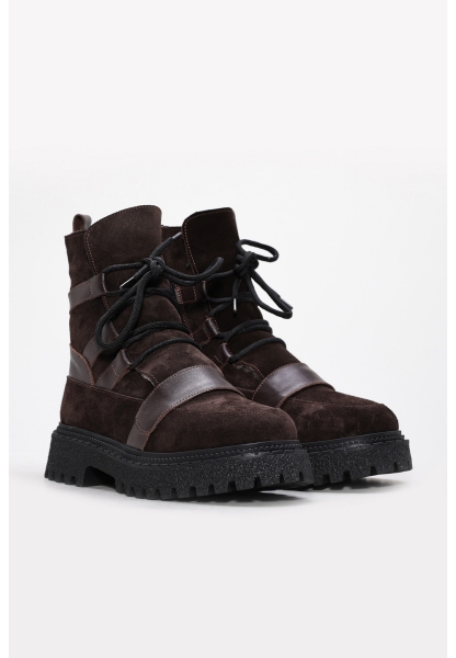 MirgeShoes Kahve Fermuarlı Kadın Kalın Taban Bot İçi Kürklü Dışı Hakiki Süet Deri MRG0184011261717