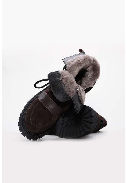 MirgeShoes Kahve Fermuarlı Kadın Kalın Taban Bot İçi Kürklü Dışı Hakiki Süet Deri MRG0184011261717