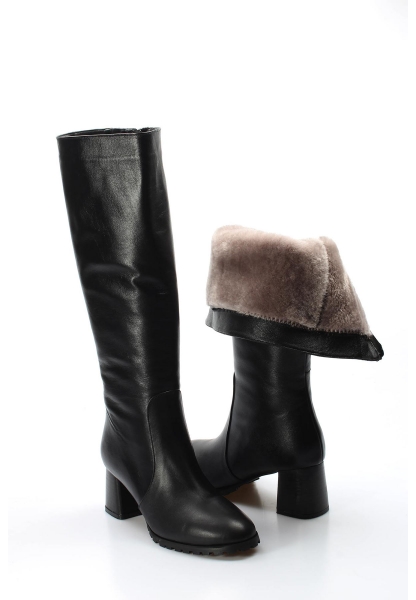 MirgeShoes Siyah Kadın Topuklu Çizme İçi Kürklü Dışı Kaliteli Hakiki Deri MRG01194112611110