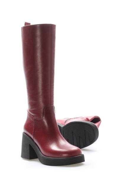 MirgeShoes Bordo Kadın Klasik Çizme İçi Yarım Kürklü Dışı Hakiki Deri MRG013472526166220