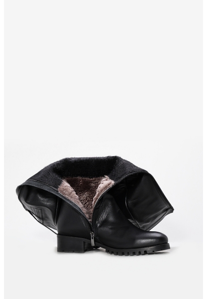 MirgeShoes Siyah Kadın Büzgülü Çizme İçi Yarım Kürklü Dışı Hakiki Deri MRG01194252611073