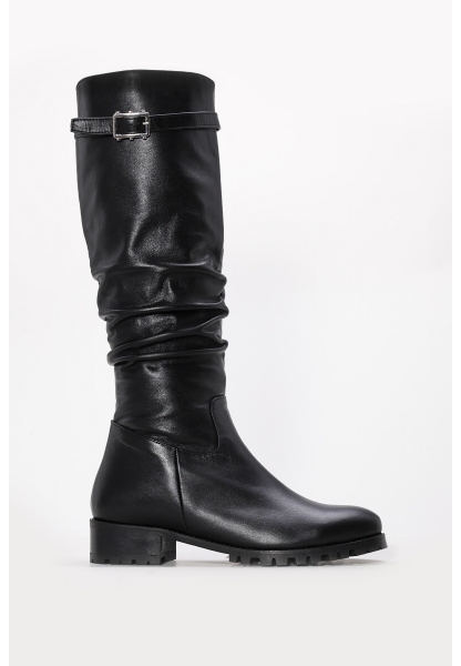 MirgeShoes Siyah Kadın Büzgülü Çizme İçi Yarım Kürklü Dışı Hakiki Deri MRG01194252611073