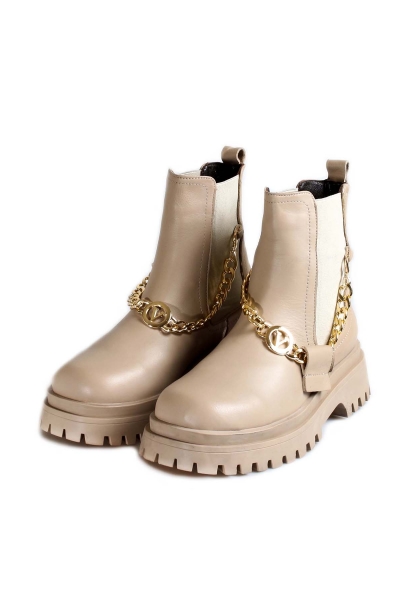 MirgeShoes Bej Tokalı Lastikli Kadın Chelsea Bot Hakiki Deri MRG011046192613690