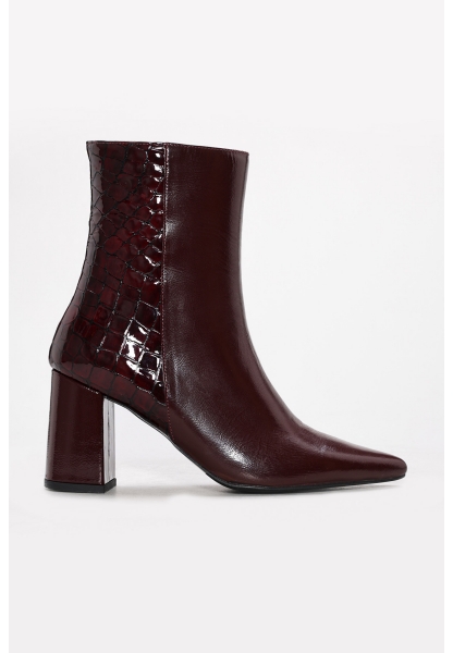 MirgeShoes Bordo Fermuarlı Kadın Kalın Topuklu Bot Hakiki Kroko Deri MRG0134542613428