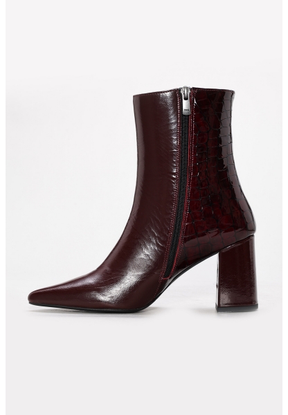 MirgeShoes Bordo Fermuarlı Kadın Kalın Topuklu Bot Hakiki Kroko Deri MRG0134542613428