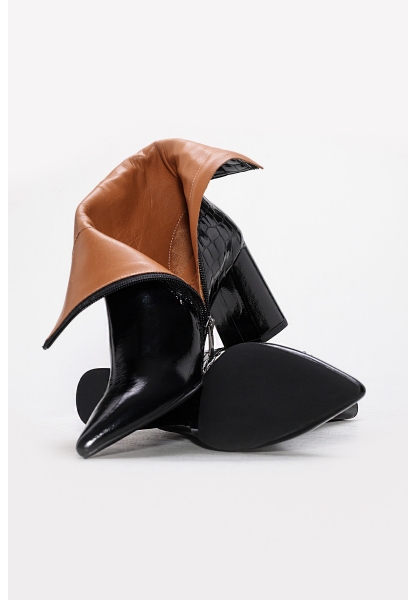 MirgeShoes Siyah Fermuarlı Kadın Kalın Topuklu Bot Hakiki Kroko Deri MRG0134542613428