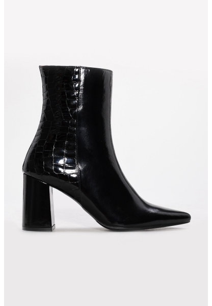 MirgeShoes Siyah Fermuarlı Kadın Kalın Topuklu Bot Hakiki Kroko Deri MRG0134542613428