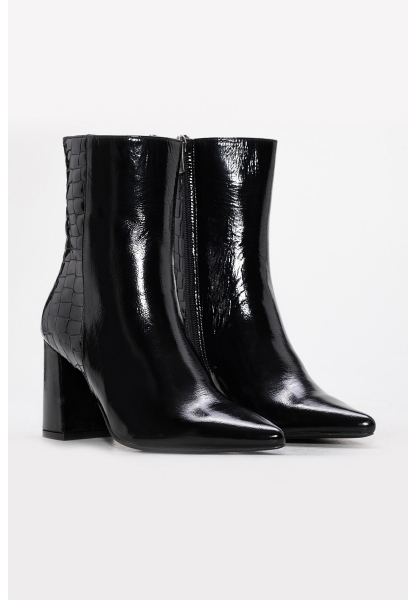 MirgeShoes Siyah Fermuarlı Kadın Kalın Topuklu Bot Hakiki Kroko Deri MRG0134542613428