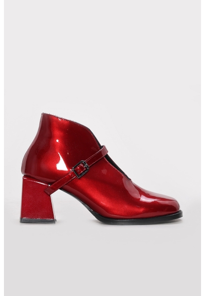 MirgeShoes Kırmızı Tokalı Kadın Kalın Topuklu Bot Hakiki Rugan Deri MRG0119419261447