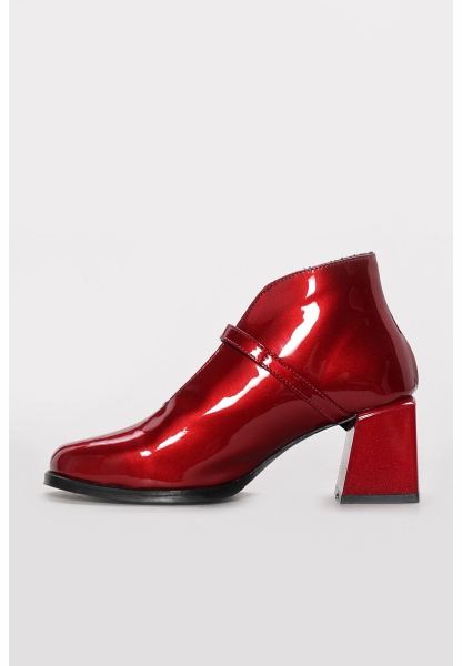 MirgeShoes Kırmızı Tokalı Kadın Kalın Topuklu Bot Hakiki Rugan Deri MRG0119419261447