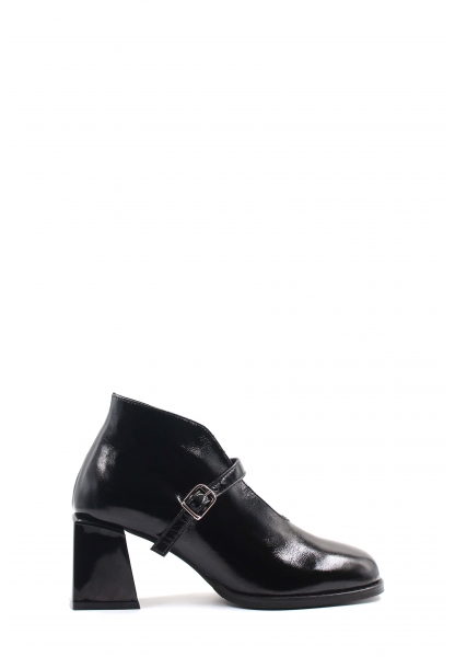 MirgeShoes Siyah Tokalı Kadın Kalın Topuklu Bot Hakiki Rugan Deri MRG0119419261447