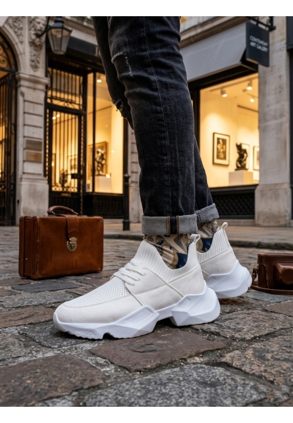 403 Yumuşak Triko Dokulu Yüksek Taban Beyaz Spor Ayakkabı 