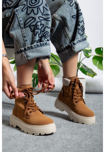 MirgeShoes Camel Bağcıklı Kadın Worker Bot Rahat Yüksek Kalın Taban MRG01062323