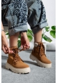 MirgeShoes Camel Bağcıklı Kadın Worker Bot Rahat Yüksek Kalın Taban MRG01062323