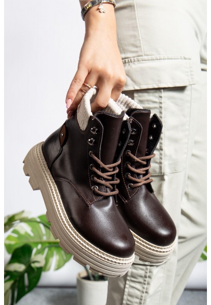 MirgeShoes Parlak Kahve Bağcıklı Kadın Worker Bot Rahat Yüksek Kalın Taban MRG01062323