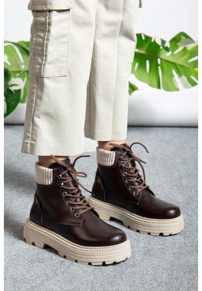 MirgeShoes Parlak Kahve Bağcıklı Kadın Worker Bot Rahat Yüksek Kalın Taban MRG01062323