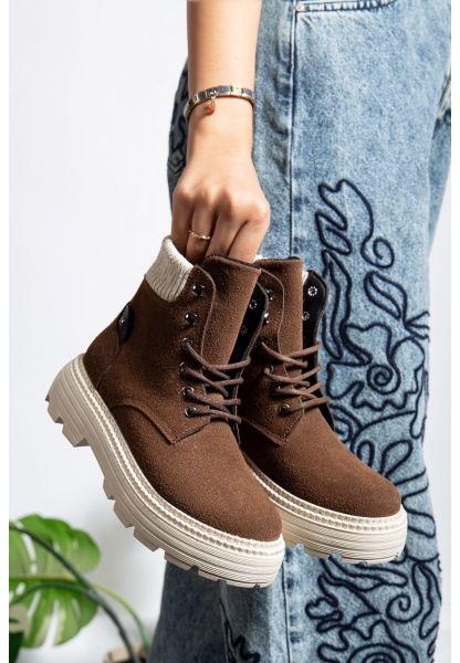 MirgeShoes Kahve Bağcıklı Kadın Worker Bot Rahat Yüksek Kalın Taban MRG01062323