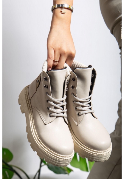 MirgeShoes Parlak Krem Bağcıklı Kadın Worker Bot Rahat Yüksek Kalın Taban MRG01062323