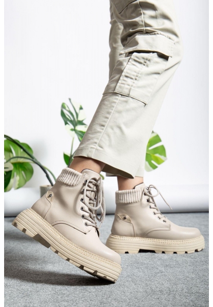 MirgeShoes Parlak Krem Bağcıklı Kadın Worker Bot Rahat Yüksek Kalın Taban MRG01062323