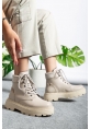 MirgeShoes Parlak Krem Bağcıklı Kadın Worker Bot Rahat Yüksek Kalın Taban MRG01062323