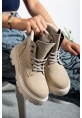 MirgeShoes Krem Bağcıklı Kadın Worker Bot Rahat Yüksek Kalın Taban MRG01062323