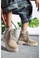 MirgeShoes Krem Bağcıklı Kadın Worker Bot Rahat Yüksek Kalın Taban MRG01062323