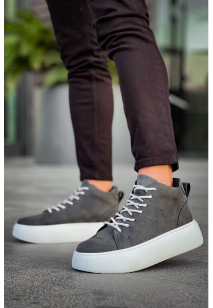 MirgeShoes Antrasit Bağcıklı Erkek Spor Bot Deri Rahat Yüksek Kalın Beyaz Taban Ant MRG01062328