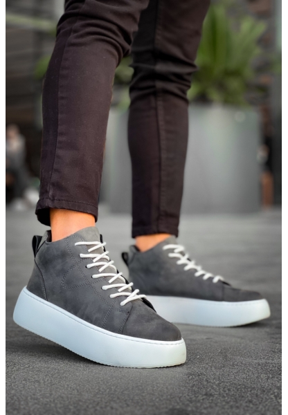 MirgeShoes Antrasit Bağcıklı Erkek Spor Bot Deri Rahat Yüksek Kalın Beyaz Taban Ant MRG01062328
