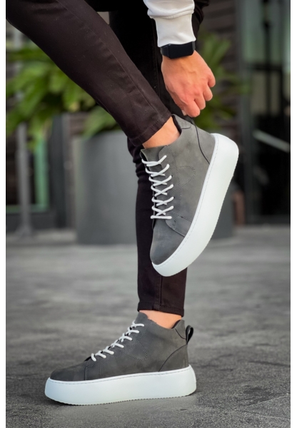 MirgeShoes Antrasit Bağcıklı Erkek Spor Bot Deri Rahat Yüksek Kalın Beyaz Taban Ant MRG01062328