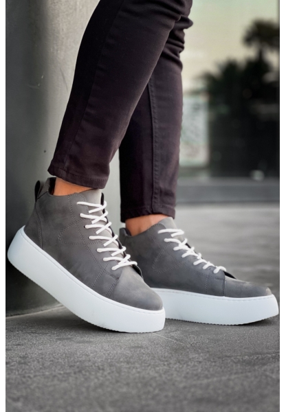 MirgeShoes Antrasit Bağcıklı Erkek Spor Bot Deri Rahat Yüksek Kalın Beyaz Taban Ant MRG01062328