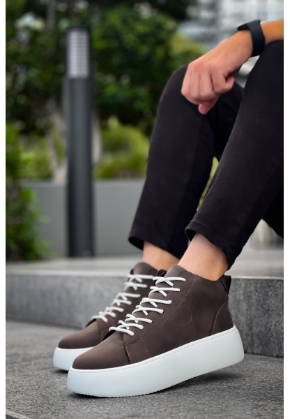 MirgeShoes Kahverengi Bağcıklı Erkek Spor Bot Deri Rahat Yüksek Kalın Beyaz Taban KHV MRG01062328