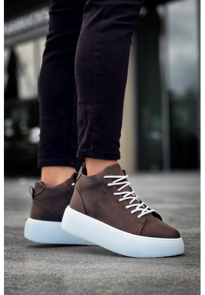 MirgeShoes Kahverengi Bağcıklı Erkek Spor Bot Deri Rahat Yüksek Kalın Beyaz Taban KHV MRG01062328