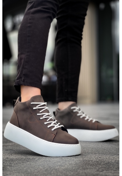 MirgeShoes Kahverengi Bağcıklı Erkek Spor Bot Deri Rahat Yüksek Kalın Beyaz Taban KHV MRG01062328