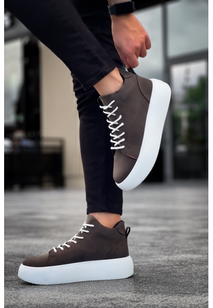 MirgeShoes Kahverengi Bağcıklı Erkek Spor Bot Deri Rahat Yüksek Kalın Beyaz Taban KHV MRG01062328