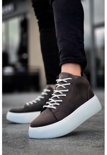 MirgeShoes Kahverengi Bağcıklı Erkek Spor Bot Deri Rahat Yüksek Kalın Beyaz Taban KHV MRG01062328