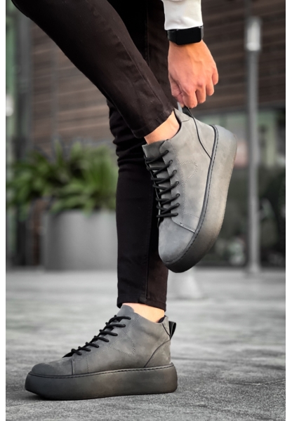 MirgeShoes Antrasit Bağcıklı Erkek Spor Bot Deri Rahat Yüksek Kalın Siyah Taban Ant MRG01062328