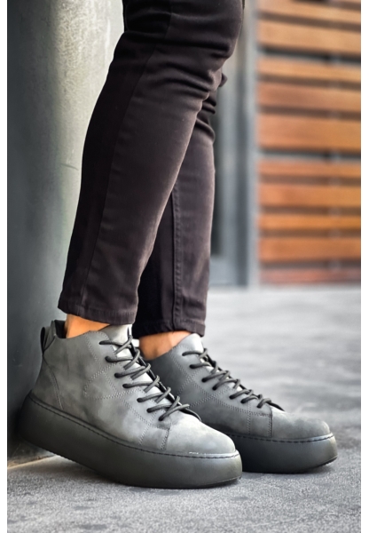 MirgeShoes Antrasit Bağcıklı Erkek Spor Bot Deri Rahat Yüksek Kalın Siyah Taban Ant MRG01062328